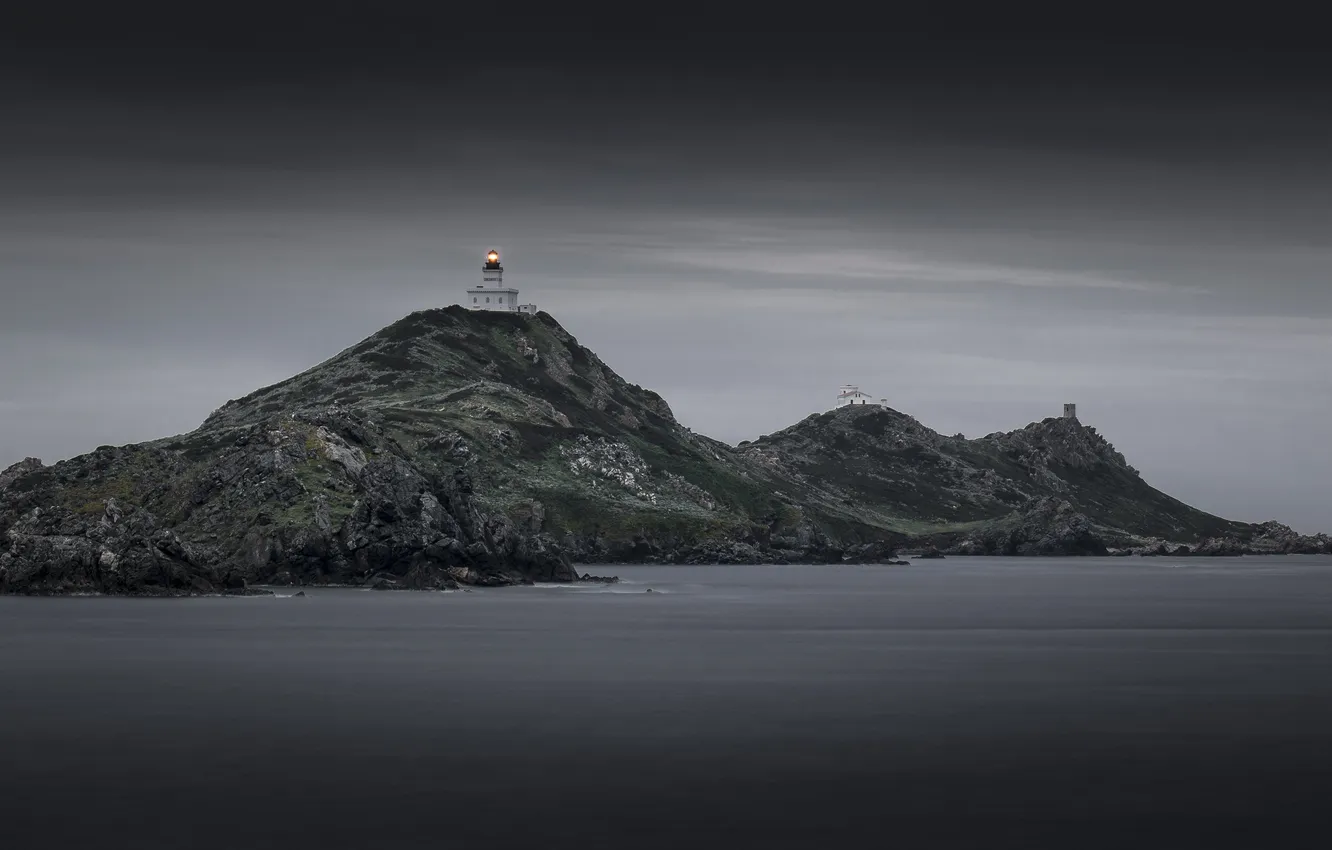 Photo wallpaper sea, lighthouse, island, tower, home, gray clouds