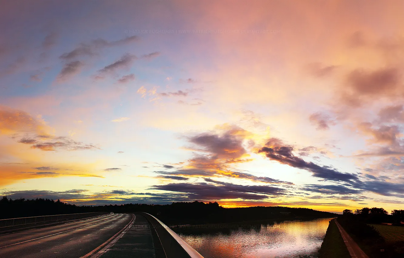 Photo wallpaper road, the sky, the sun, clouds, landscape, sunset