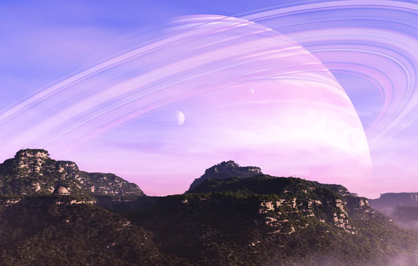 Photo wallpaper forest, trees, mountains, building, planet, ring, the dome