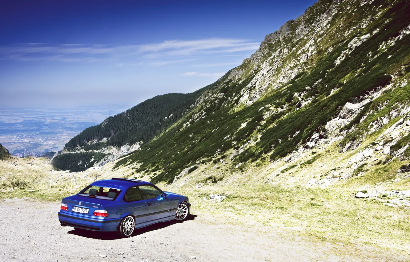 Photo wallpaper Mountains, BMW, Boomer, Classic, Blue, BMW, Landscape, stance