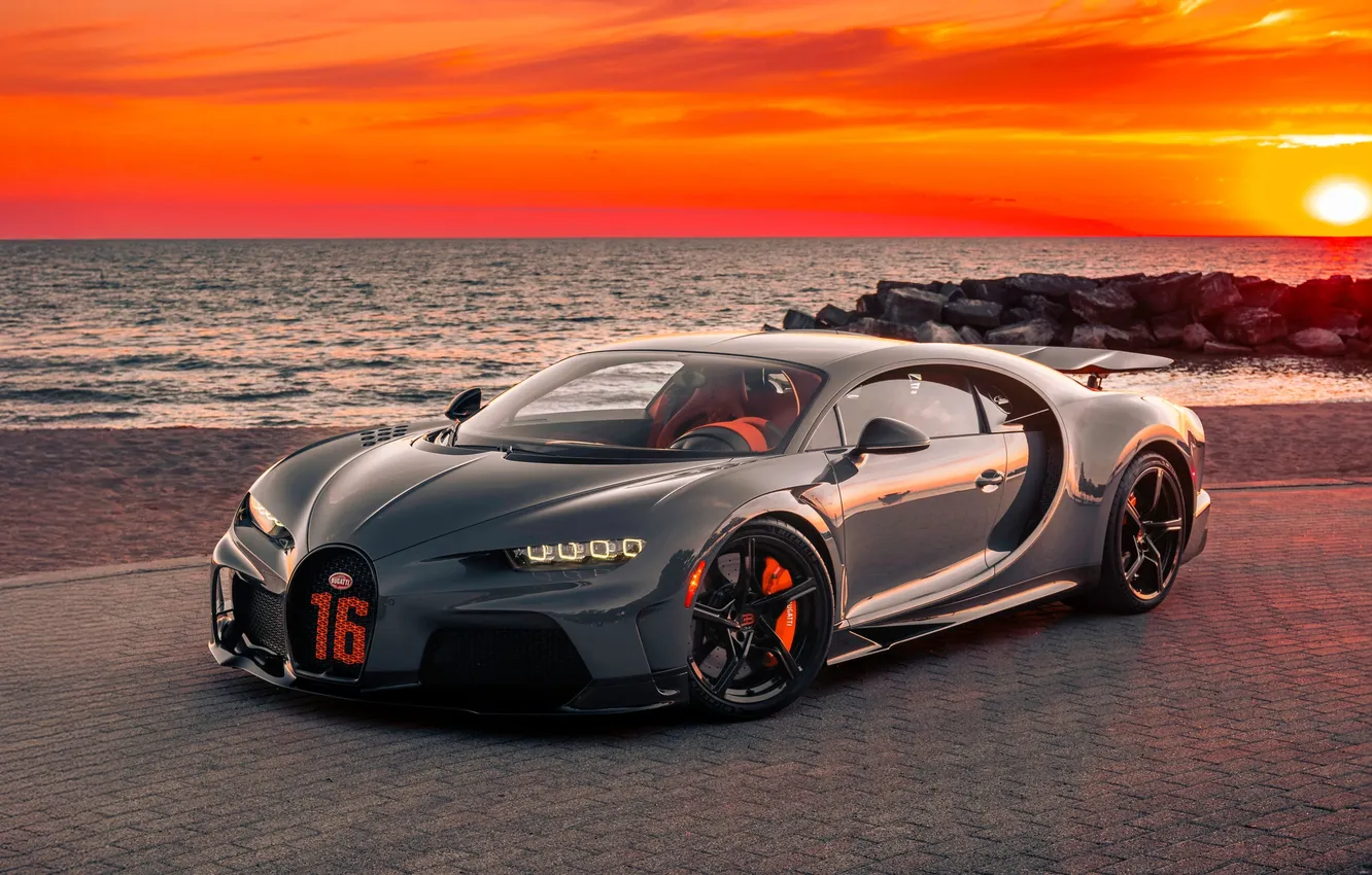 Photo wallpaper sea, sunset, the evening, Bugatti, supercar, Supercar, V16, beautiful landscape