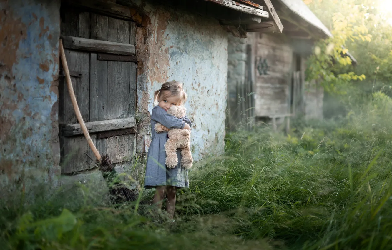 Photo wallpaper childhood, home, bear, girl