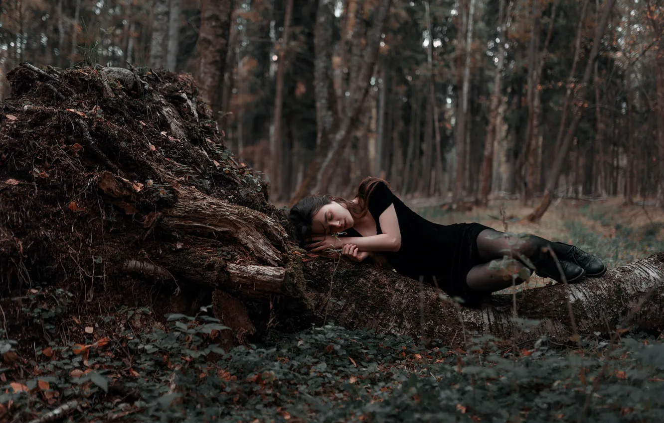 Photo wallpaper forest, girl, lies, legs, Juliana Naidenova, Ksenia Chapkhaeva