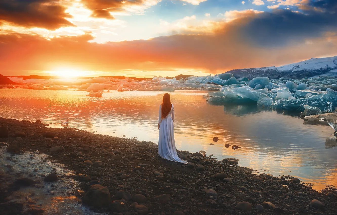 Photo wallpaper ice, morning, mountains, winter, back, long-haired, dress, glacier