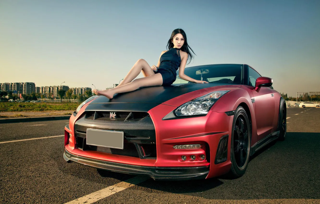 Photo wallpaper auto, look, Girls, Nissan, beautiful girl, posing on the hood of the car