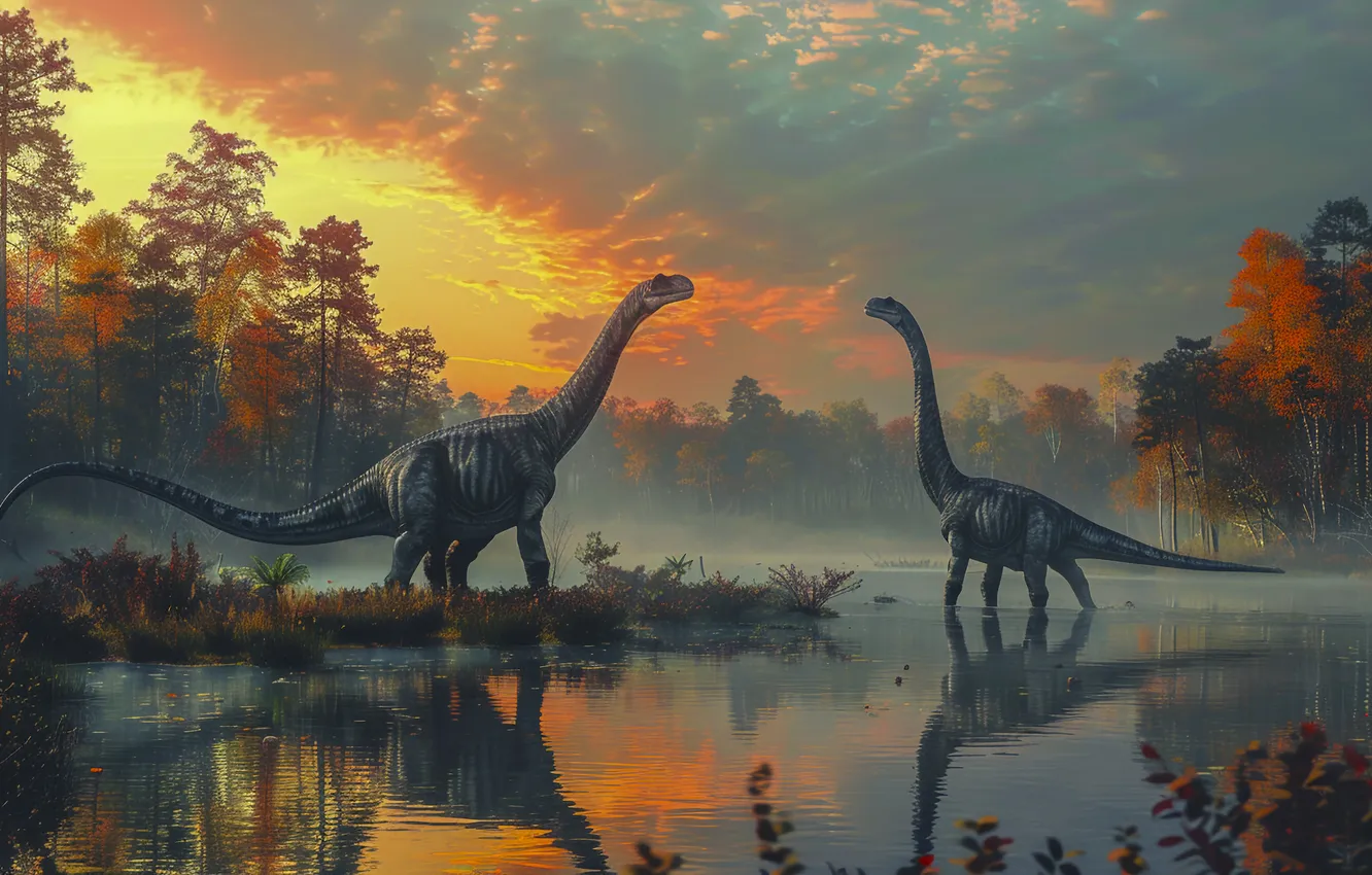 Photo wallpaper clouds, trees, river, animal, dawn, dinosaur, two, digital art