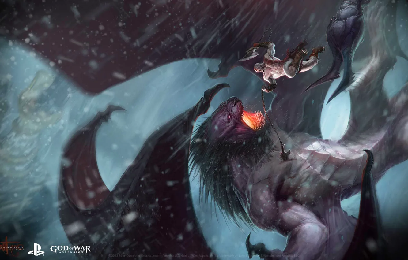 Photo wallpaper snow, monster, drop, male, battle, God of War, Ascension