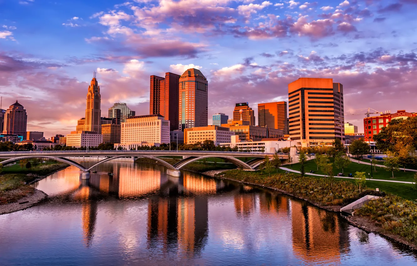 Photo wallpaper reflection, skyscrapers, Columbus, megapolis, lighting, shore, the city, the evening
