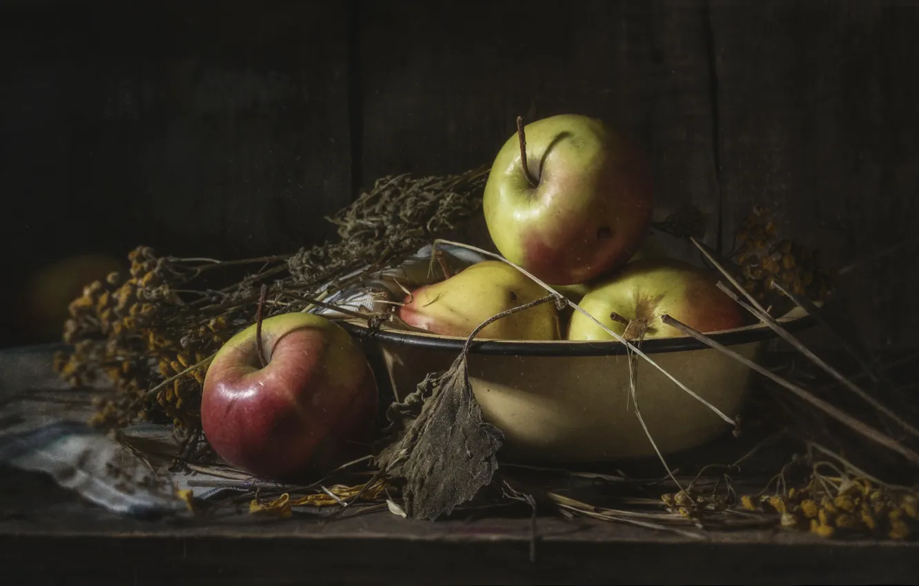 Photo wallpaper branches, the dark background, apples, Board, still life, pear, tansy, basin