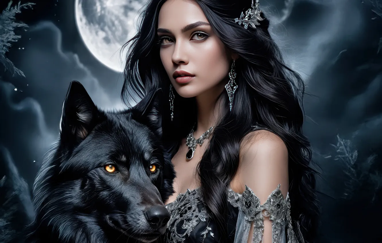 Photo wallpaper look, girl, night, pose, the moon, wolf, portrait, dress
