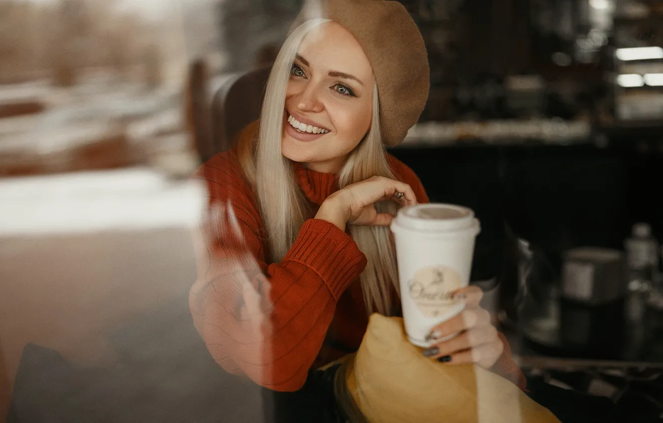 Photo wallpaper glass, girl, smile, blonde, Cup, takes, Ivan Kovalev