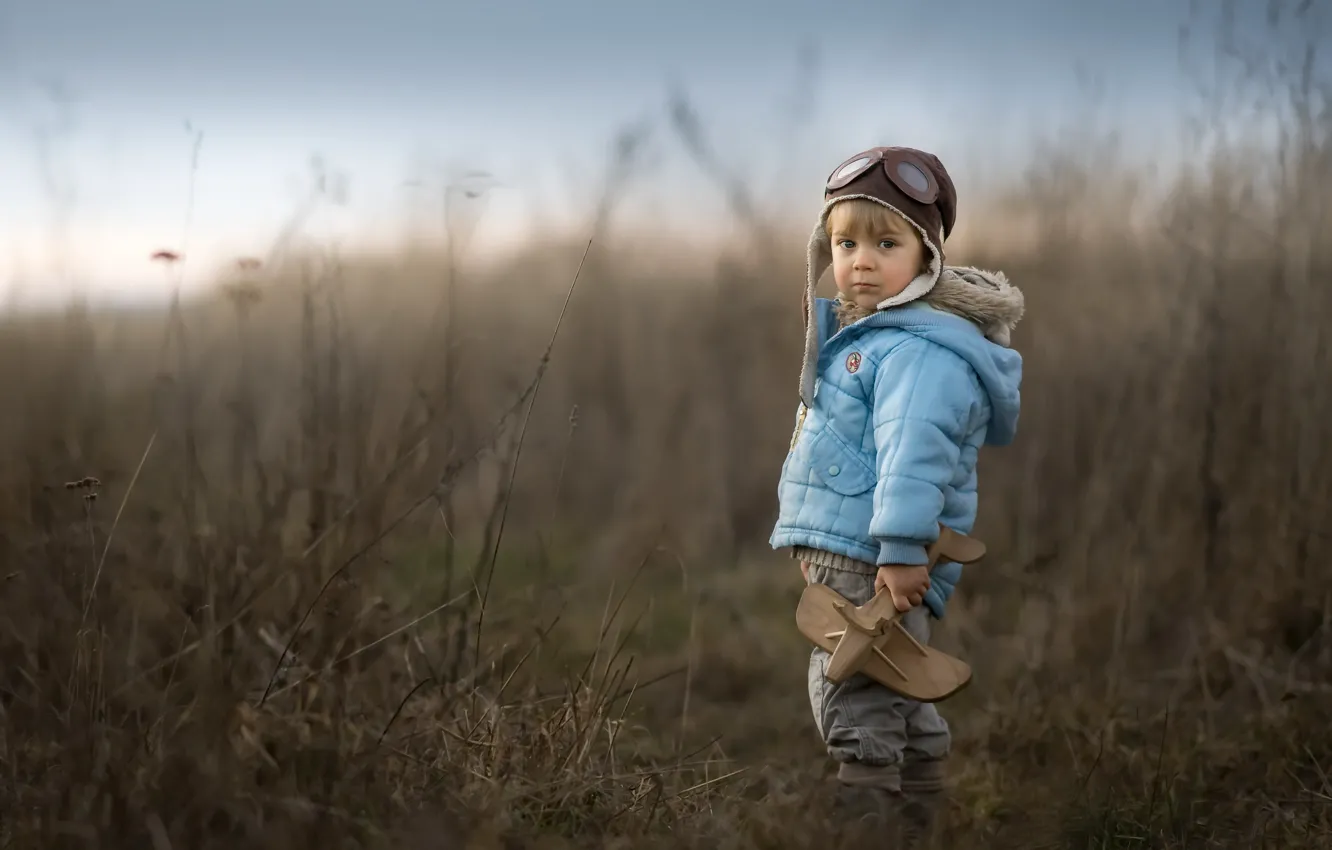 Photo wallpaper field, toy, boy, the plane