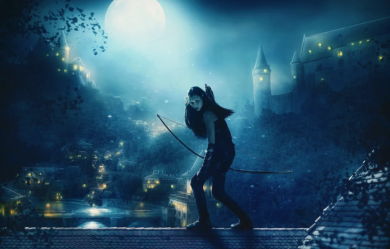 Photo wallpaper roof, girl, trees, night, lights, the moon, home, bow