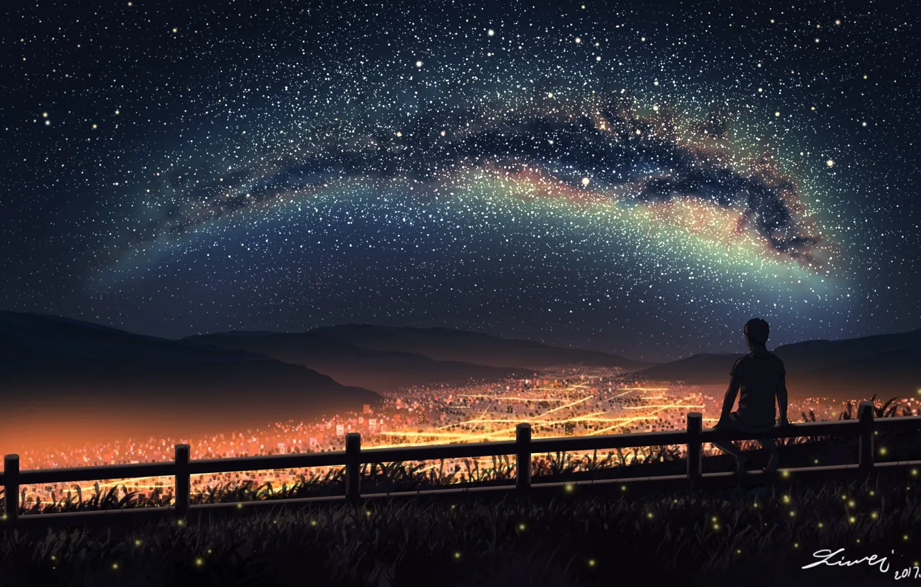 Photo wallpaper night, the city, lights, silhouette, guy, the milky way