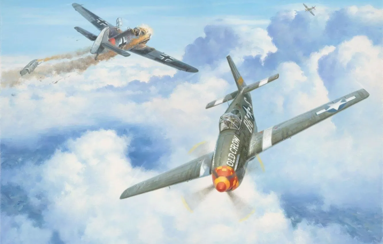 Photo wallpaper art, painting, aviation, ww2, dogfight, P 51 Mustang