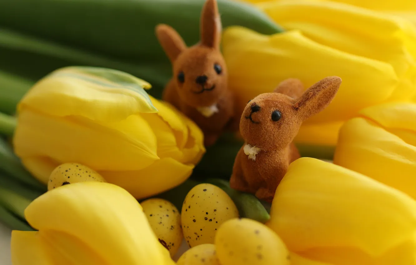 Photo wallpaper flowers, yellow, toy, eggs, bouquet, rabbit, Easter, tulips