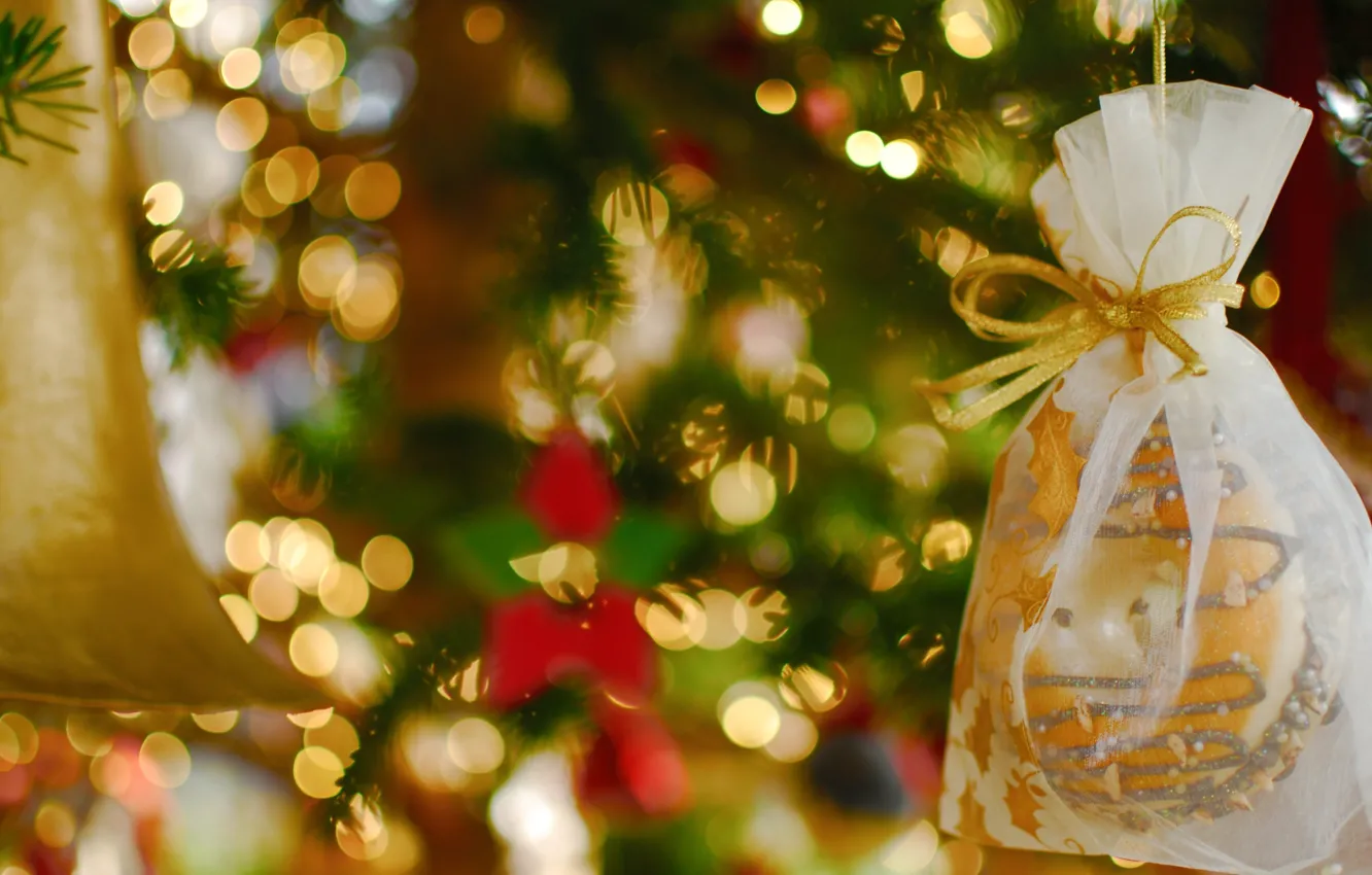 Photo wallpaper holiday, tree, bow, bag, bokeh