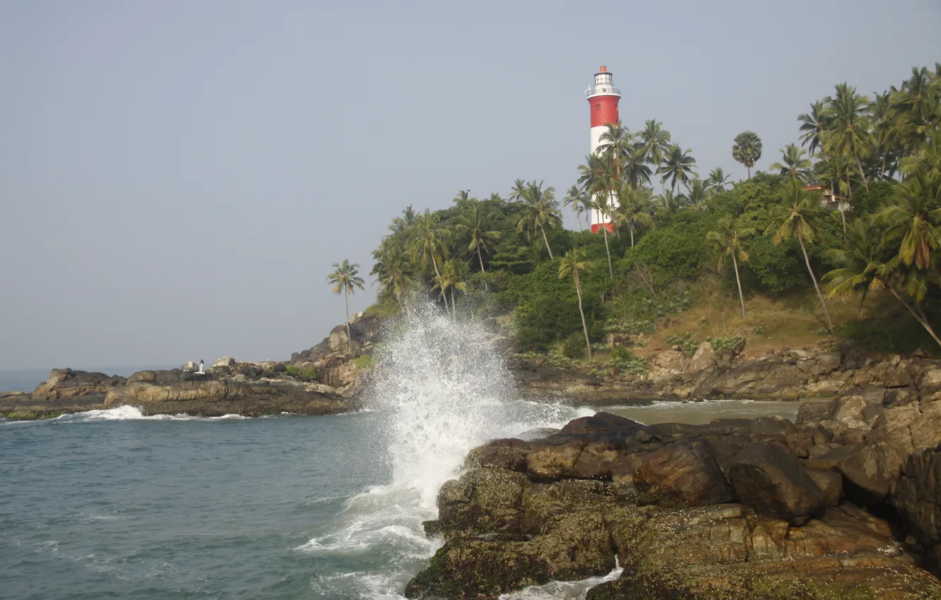 Photo wallpaper sea, wave, nature, travel, palm trees, rocks, lighthouse, India