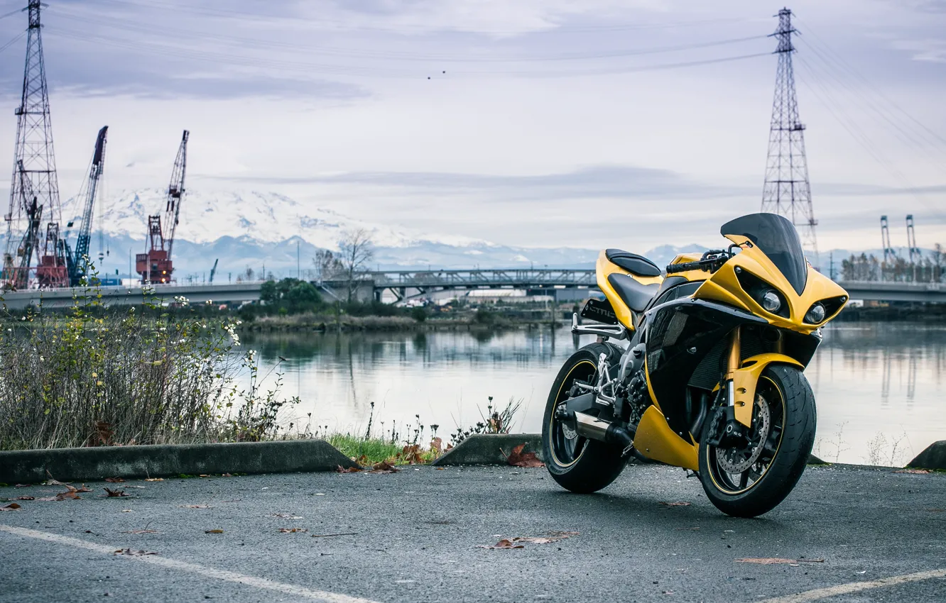 Photo wallpaper river, yellow, port, motorcycle, yamaha, bike, yellow, Yamaha