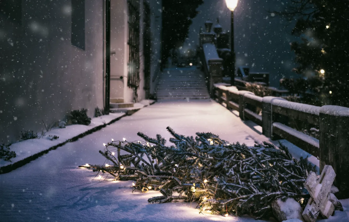 Photo wallpaper winter, light, night, the city, holiday, street, the fence, tree