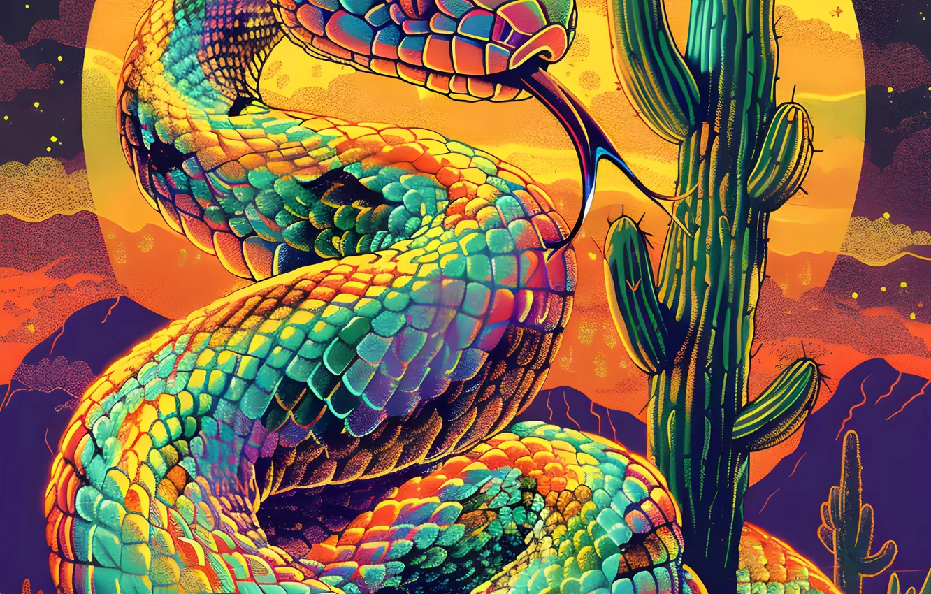 Photo wallpaper language, look, animal, snake, cactus, art, reptile, digital art