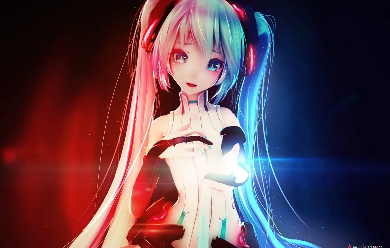 Photo wallpaper girl, smile, hand, anime, art, vocaloid, hatsune miku, awakawayui