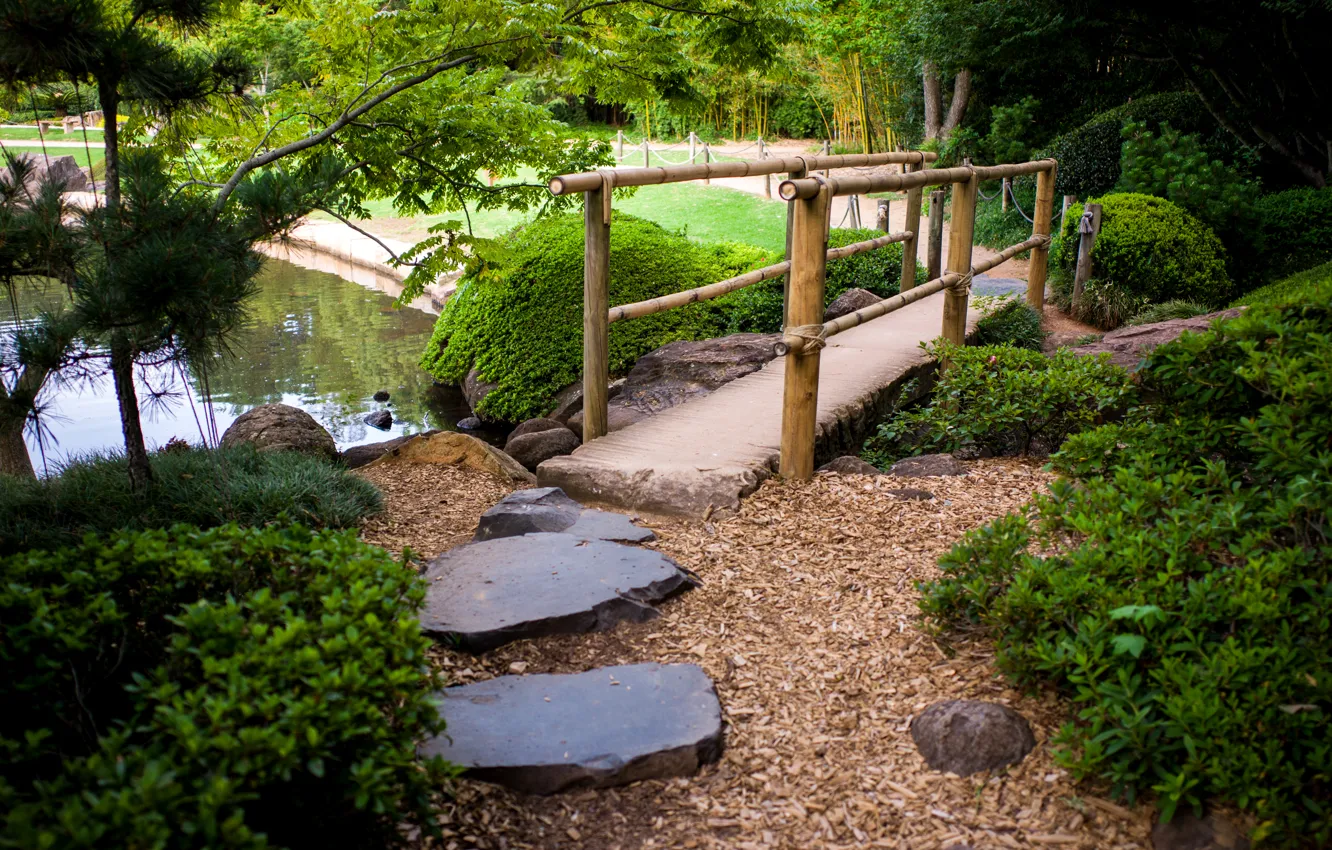 Photo wallpaper trees, bridge, pond, stones, garden, Australia, track, the bushes