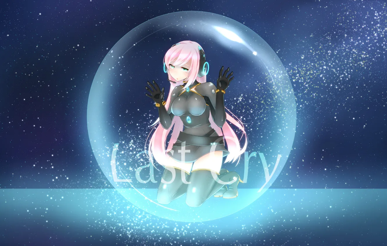 Photo wallpaper the sky, girl, stars, headphones, art, costume, microphone, sphere