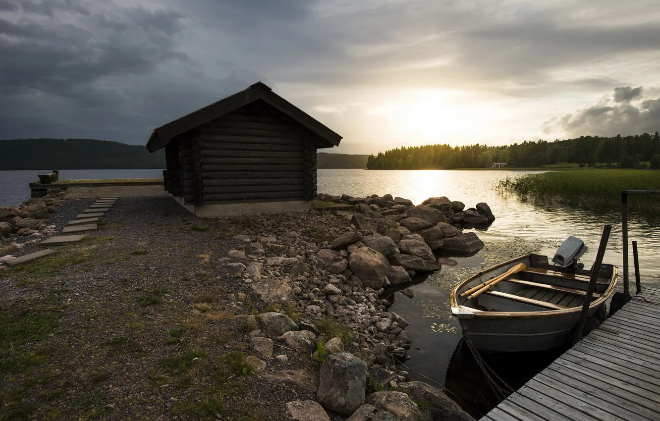 Photo wallpaper landscape, night, lake, boat