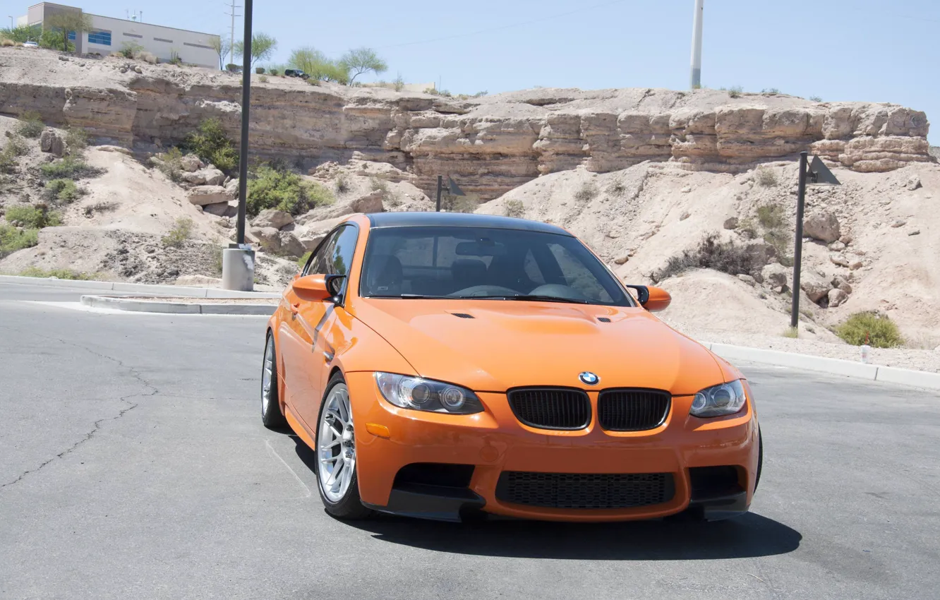 Photo wallpaper BMW, Orange, E92, Shadow, Parking, M3, Border, Front view