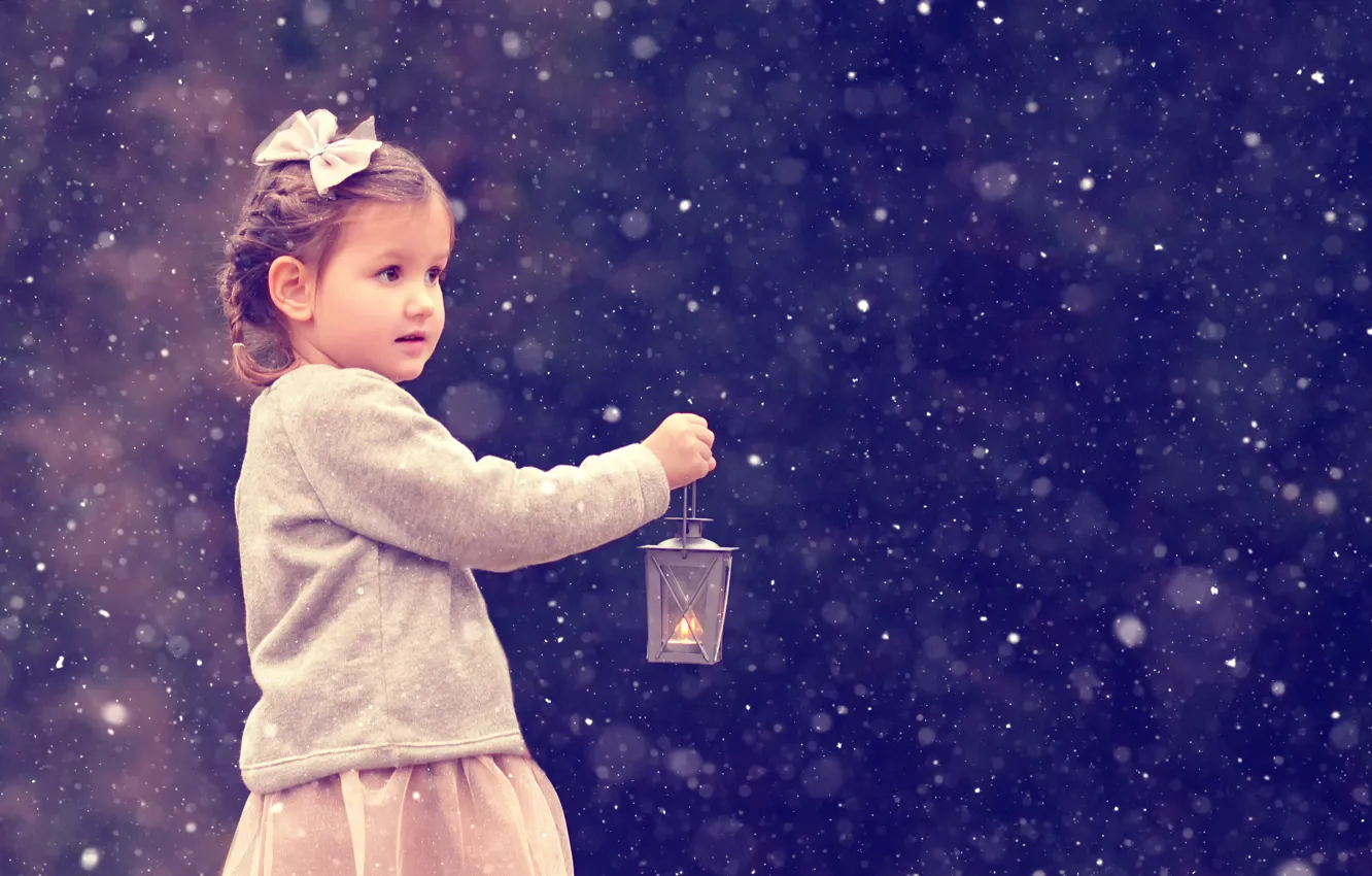 Photo wallpaper snow, Christmas, girl, lantern