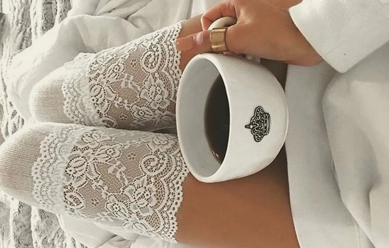 Photo wallpaper girl, coffee, dress, elegance, white stockings, slender legs, a ring on your finger