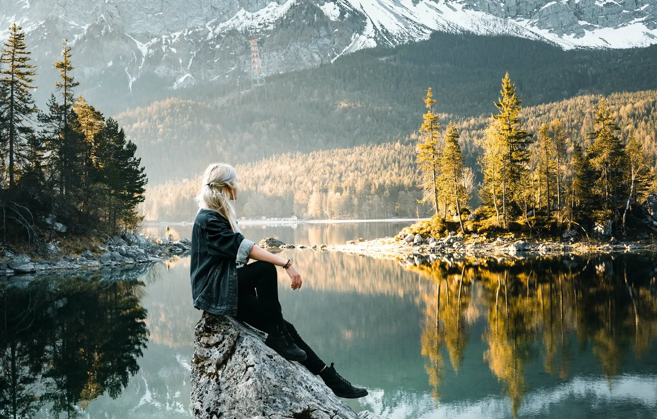 Photo wallpaper forest, girl, mountains, pose, lake, reflection