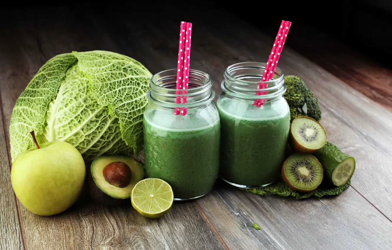 Photo wallpaper greens, apples, Board, kiwi, juice, jars, lime, cabbage