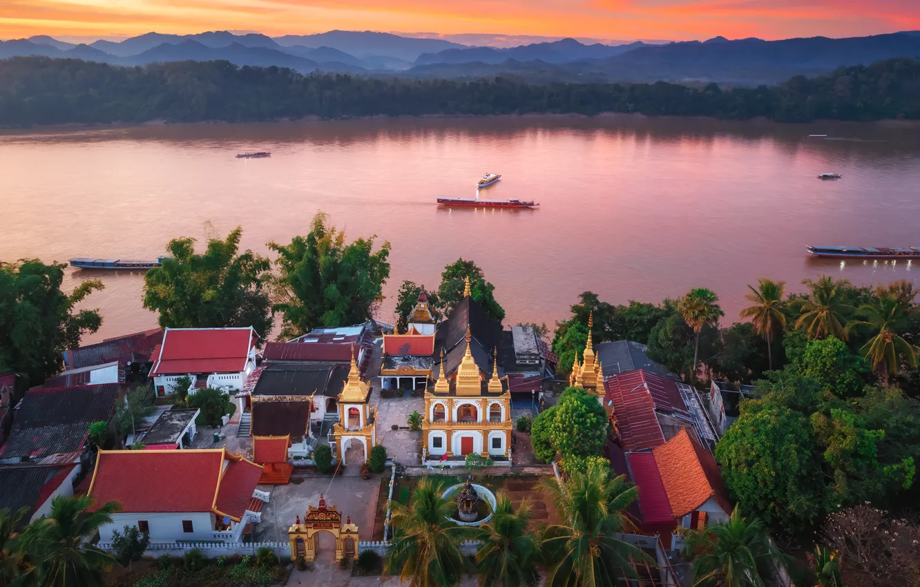 Photo wallpaper lake, building, beauty, the evening, town, Laos, Evgeni Fabis