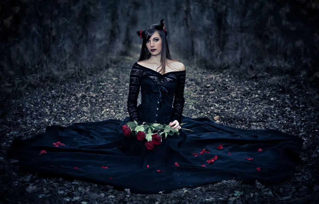 Photo wallpaper girl, roses, petals, dress, in black, Garcia, Emmanuel
