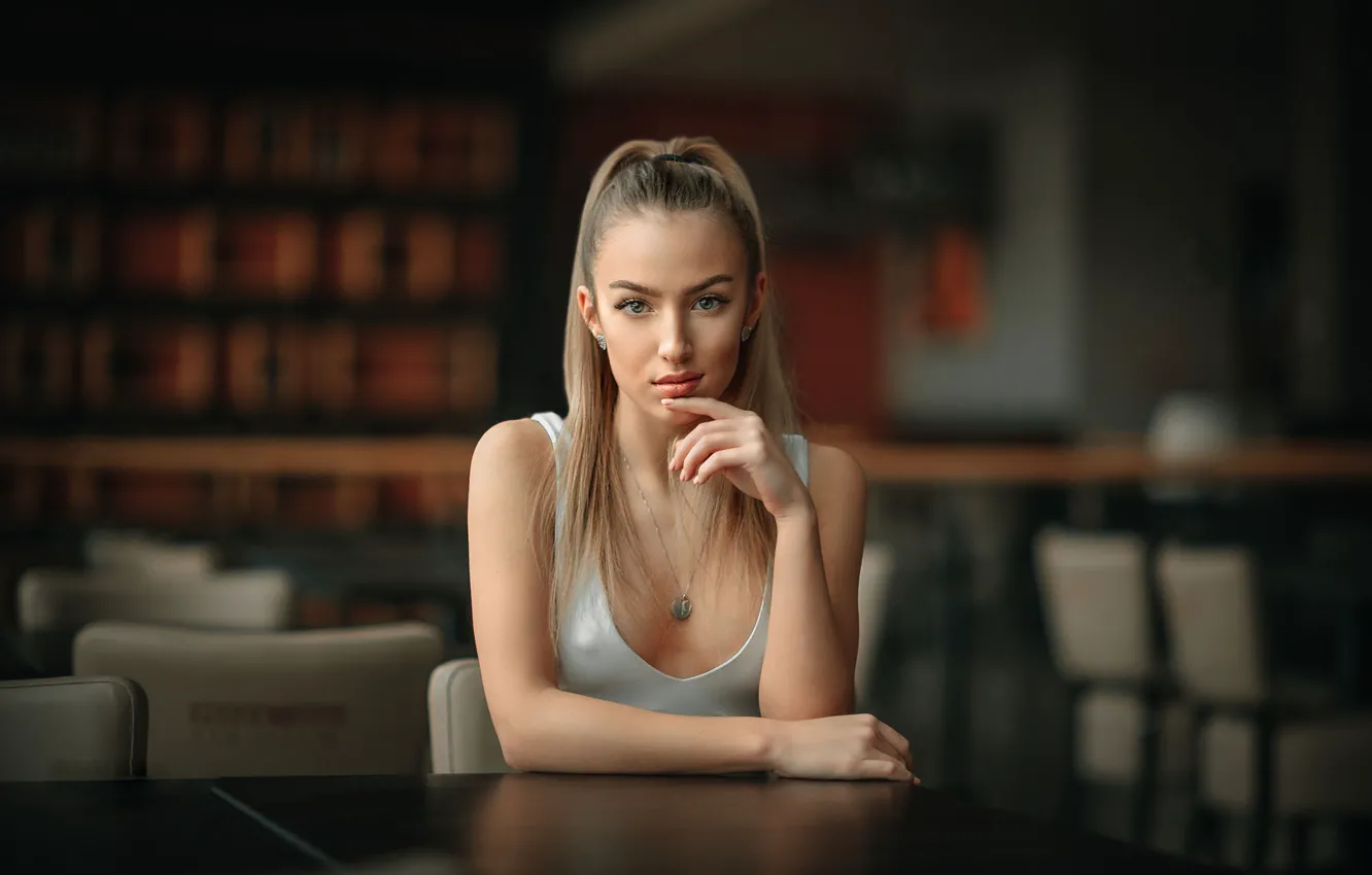 Photo wallpaper look, girl, pose, model, chain, beautiful, bokeh, Jiri Tulach