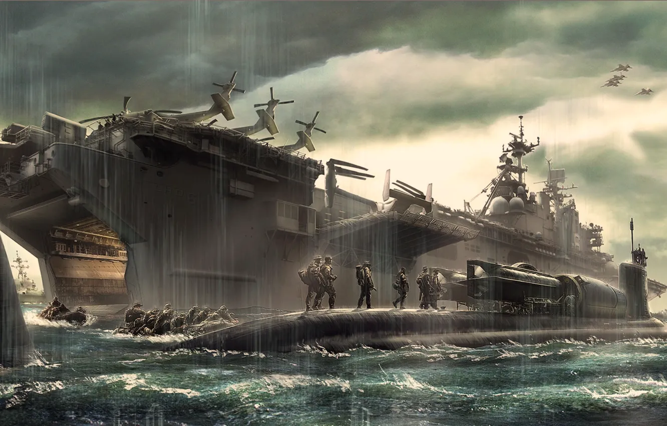 Photo wallpaper fantasy, ship, submarine, landing