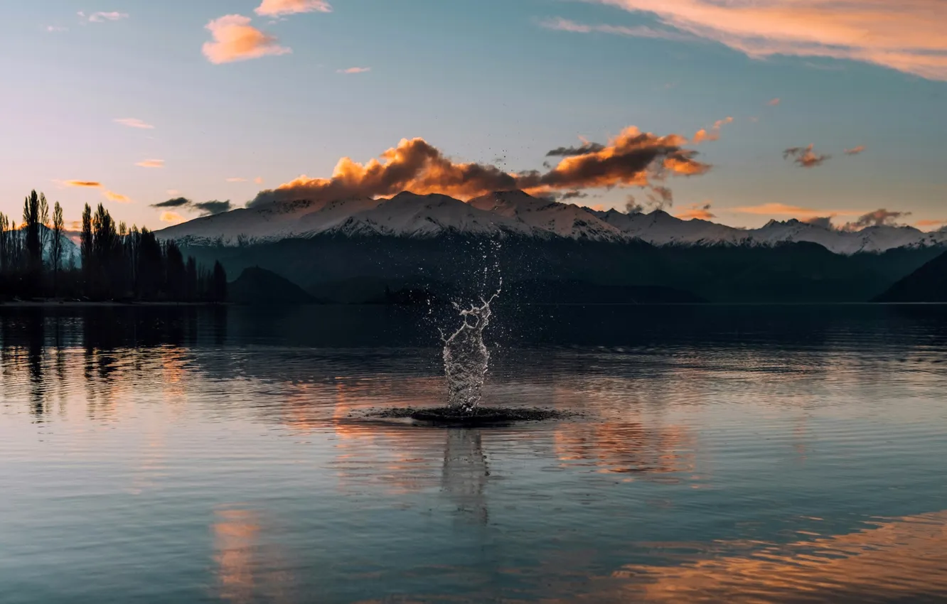 Photo wallpaper sunset, lake, New Zealand, New Zealand, sunset, lake, water splash, water splash