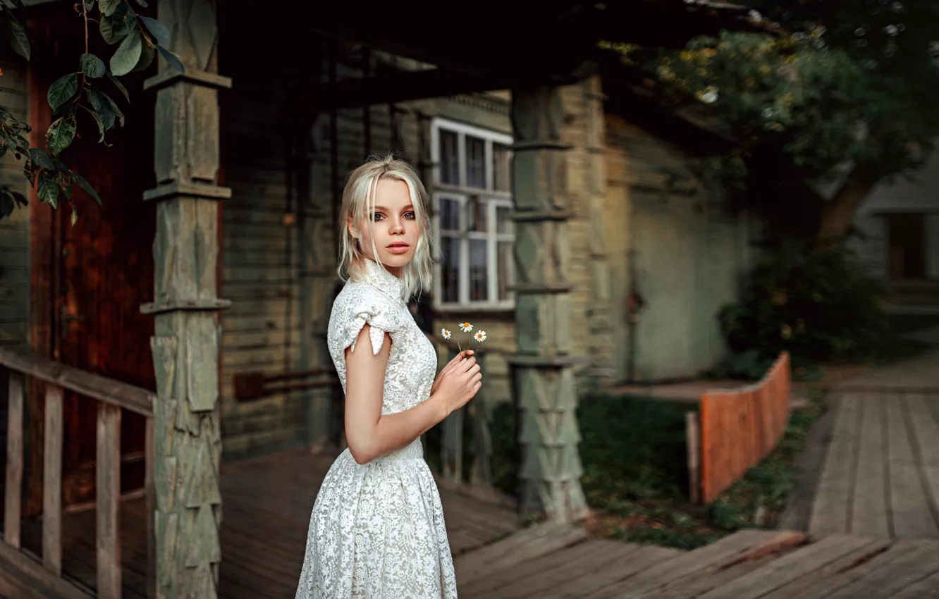 Photo wallpaper Girl, Look, Chamomile, Dress, White, Masha Sidorova