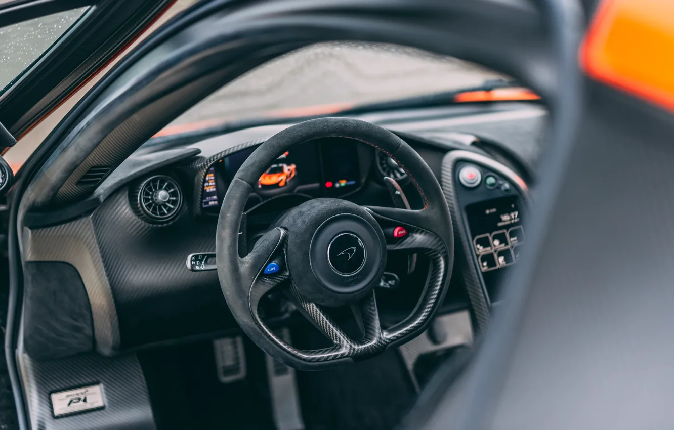 Photo wallpaper McLaren, logo, McLaren P1, Steering Wheel, P1