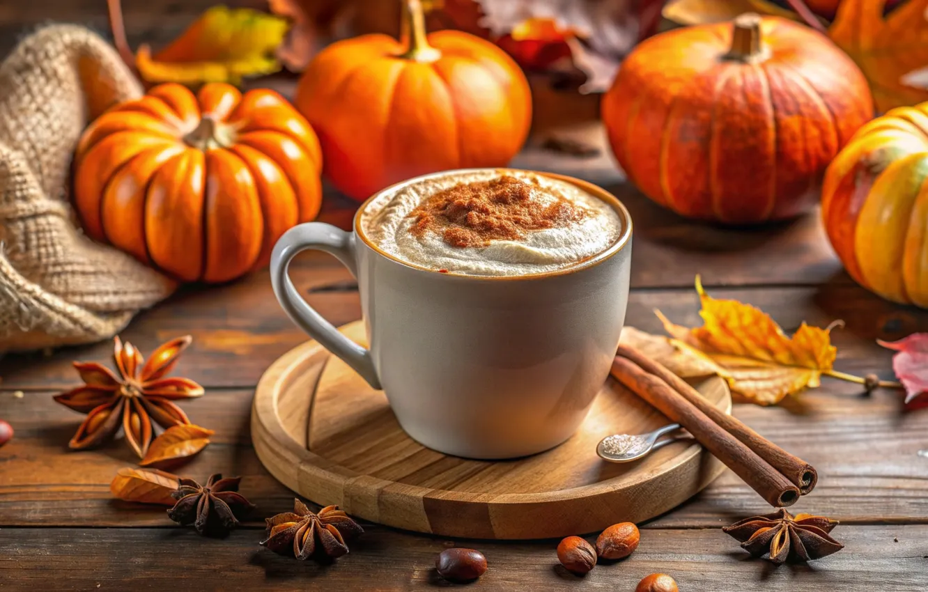 Photo wallpaper autumn, leaves, pumpkin, autumn, leaves, coffee cup, pumpkin, cozy