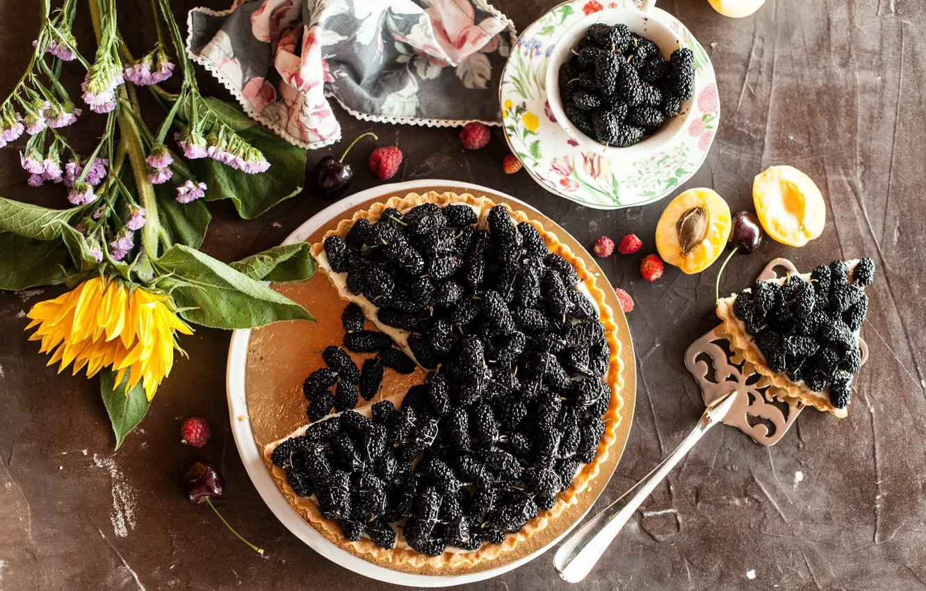 Photo wallpaper flowers, berries, sunflower, pie, dessert, cakes, sweet, mulberry