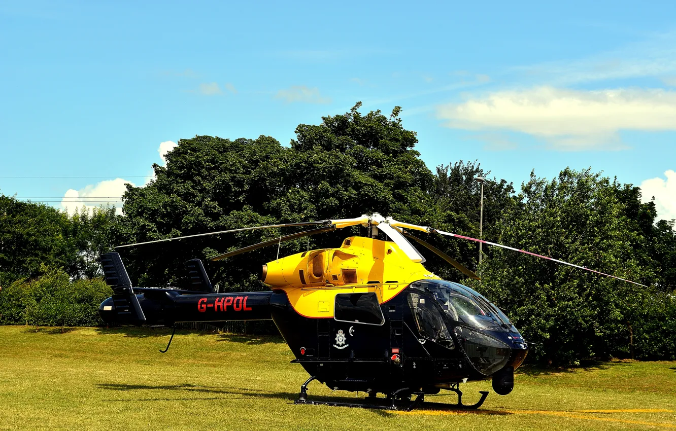 Photo wallpaper greens, field, grass, the sun, trees, helicopter