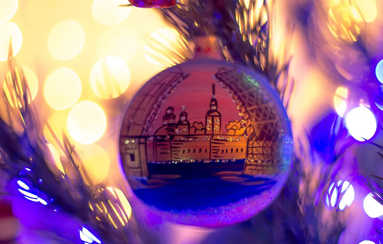 Photo wallpaper balls, light, branches, lights, glare, new year, blur, Christmas