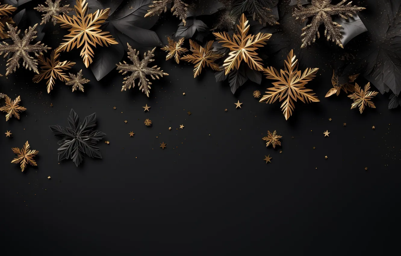 Wallpaper snowflakes, background, gold, black, New Year, Christmas ...