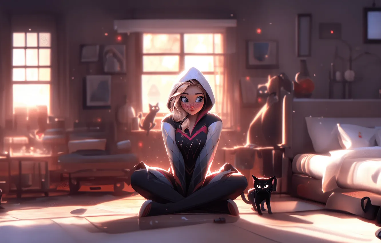 Photo wallpaper cat, girl, room, window, Gwen, Spider-woman, Gwen, Gwen Stacy