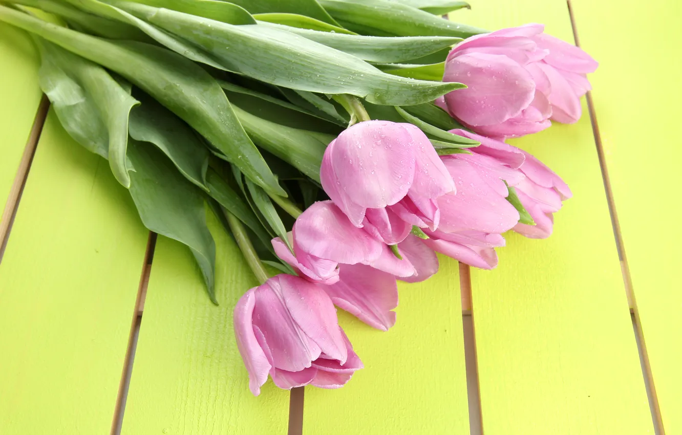 Photo wallpaper flowers, bouquet, tulips, wood, pink, flowers, tulips, spring