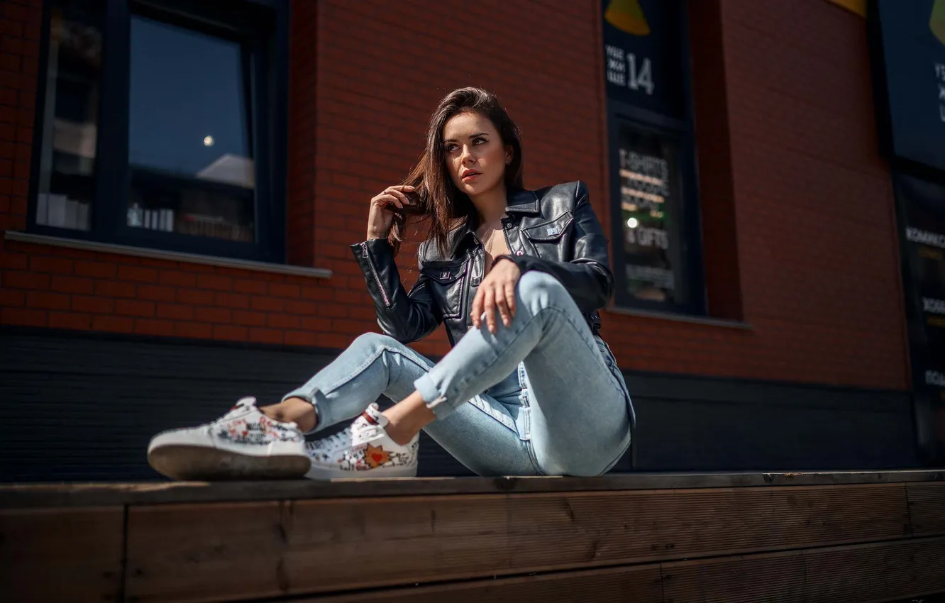 Photo wallpaper girl, pose, jeans, hands, jacket, legs, long hair, Vadim Podoprigora
