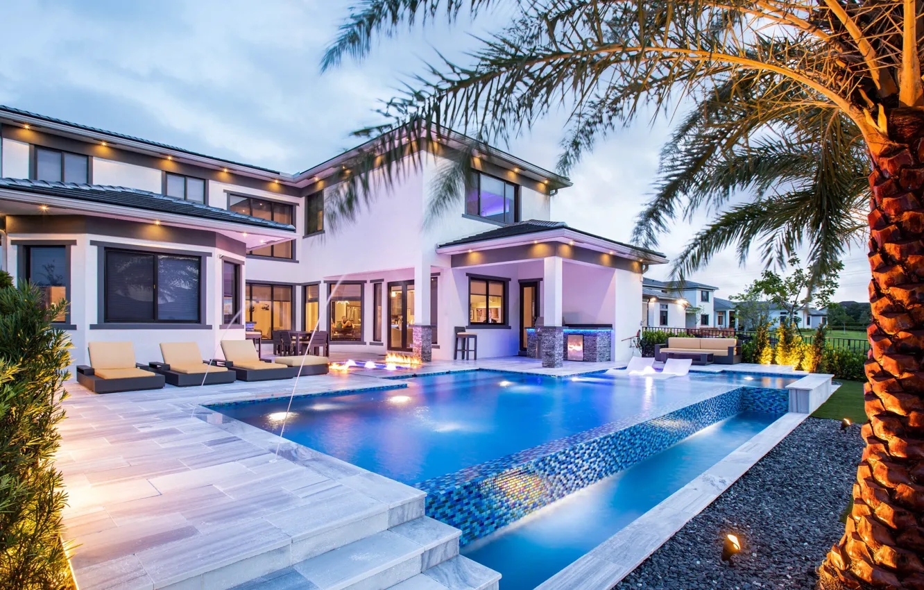 Photo wallpaper Villa, pool, lighting, architecture, terrace, by Van Kirk and sons pools and spas, Vanishing Edge …